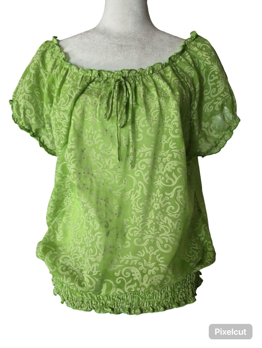 CATO Women's Green Paisley Print Peasant Blouse Top Size Large Elastic Bottom